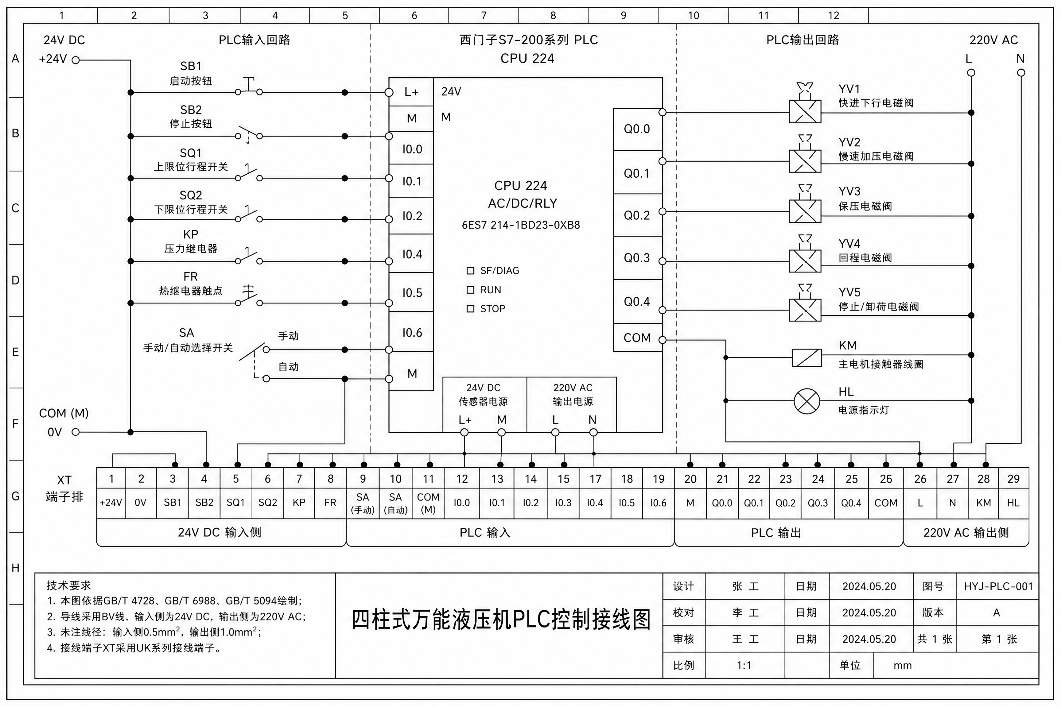 绘制一张标准的四柱式万能液压机PLC控制接线图，严格按照电气制… - 图片创意预览