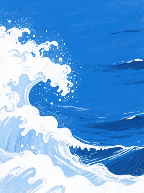 手绘风格的海浪插画，左侧是翻涌的白色浪花，右侧是平静的深蓝色海面，浪花与海面的交界清晰，整体色彩以蓝白为主，笔触具有手绘的纹理感，画面营造出海洋的动态与宁静并存的氛围，构图简洁，突出海浪的自然形态和手绘的艺术质感。预览效果