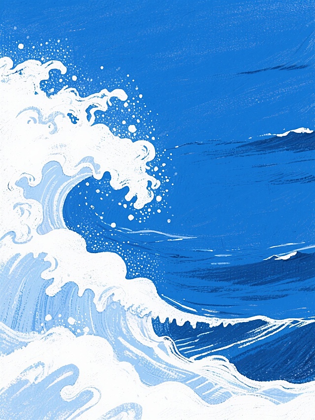 手绘风格的海浪插画，左侧是翻涌的白色浪花，右侧是平静的深蓝色海面，浪花与海面的交界清晰，整体色彩以蓝白为主，笔触具有手绘的纹理感，画面营造出海洋的动态与宁静并存的氛围，构图简洁，突出海浪的自然形态和手绘的艺术质感。
