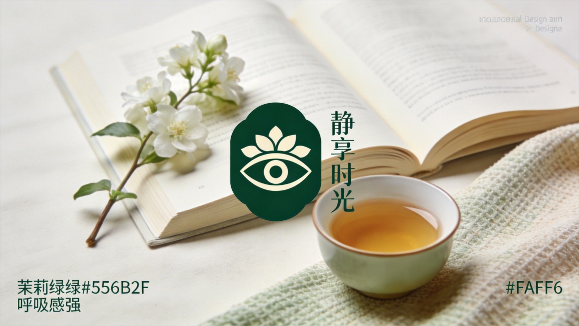 高品质静谧风海报设计，中央放置品牌Logo（茉莉花与眼睛融合图形），右侧放置 slogan，不添加多余文字，不存在小字乱码。背景为有呼吸感的静物摄影：一本摊开的书旁摆放一枝茉莉花，搭配一盏茶和有质感的预览效果