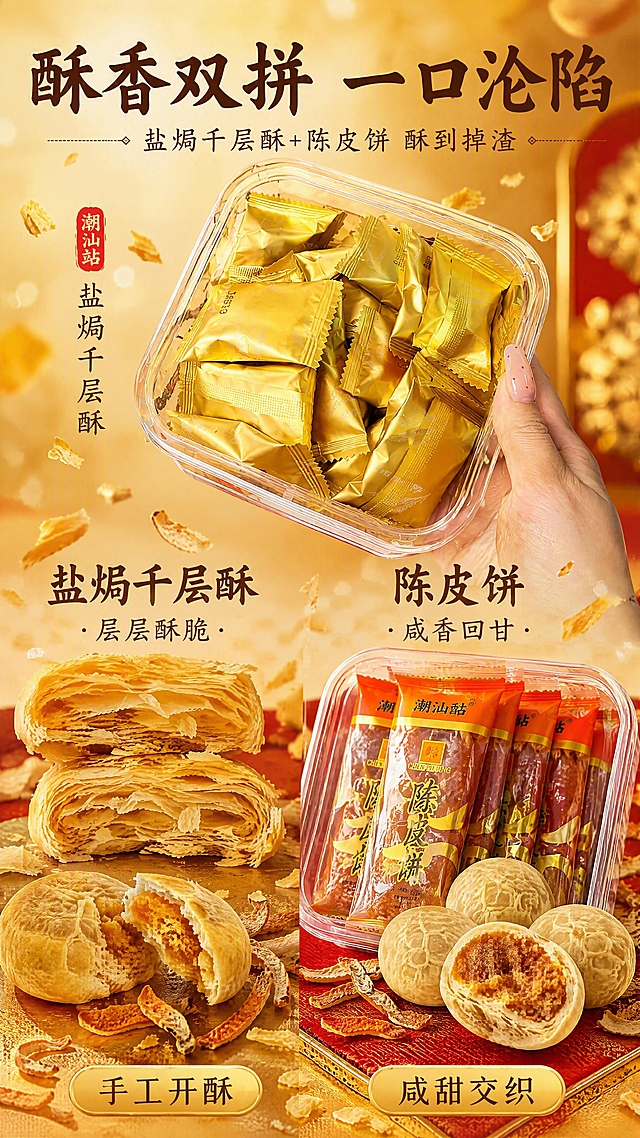 [第5张] 详情页产品特写页-盐焗千层酥+陈皮饼酥香层次。本张使用【图4】盐焗千层酥作为主体，搭配陈皮饼。
[氛围/风格] 酥香食欲感，国潮喜庆底色，金黄酥脆视觉感受，商业美食摄影质感。
[元素布局] 画面上半部分一只手托举金色包装的盐焗千层酥透明盒，占比约40%；下半部分右侧展示陈皮饼透明盒，左侧摆放掰开的千层酥特写，层层酥皮清晰可见，碎屑散落，旁边配陈皮饼掰开的内馅特写；背景为暖金色渐变，点缀酥皮碎屑、陈皮丝等元素。产品包装颜色、外观与输入图一致。
[光影质感] 上方柔光打亮酥皮金黄层次，表面有酥脆质感高光，阴影柔和，整体温暖有食欲。
[配色色系] 全局底色 #F4E4BC 暖米金；主色金黄、酥皮棕；辅助色陈皮橙、深棕。
[视角构图] 上下构图，上半部分手持产品，下半部分双产品特写对比，阅读动线从上至下。
[文字版式] 顶部大标题「酥香双拼 一口沦陷」，副标题「盐焗千层酥+陈皮饼 酥到掉渣」，书法宋体深棕色字；中间左右分栏，左侧「盐焗千层酥 层层酥脆」，右侧「陈皮饼 咸香回甘」；底部2个金色胶囊卖点「手工开酥」「咸甜交织」。文字清晰可读。
[比例分辨率] 9:16 竖版比例，4K分辨率，文字清晰可辨，高清画质。
[负向提示词] 产品变形，包装文字错乱，颜色偏差，水印，文字过小，酥皮形态不真实。