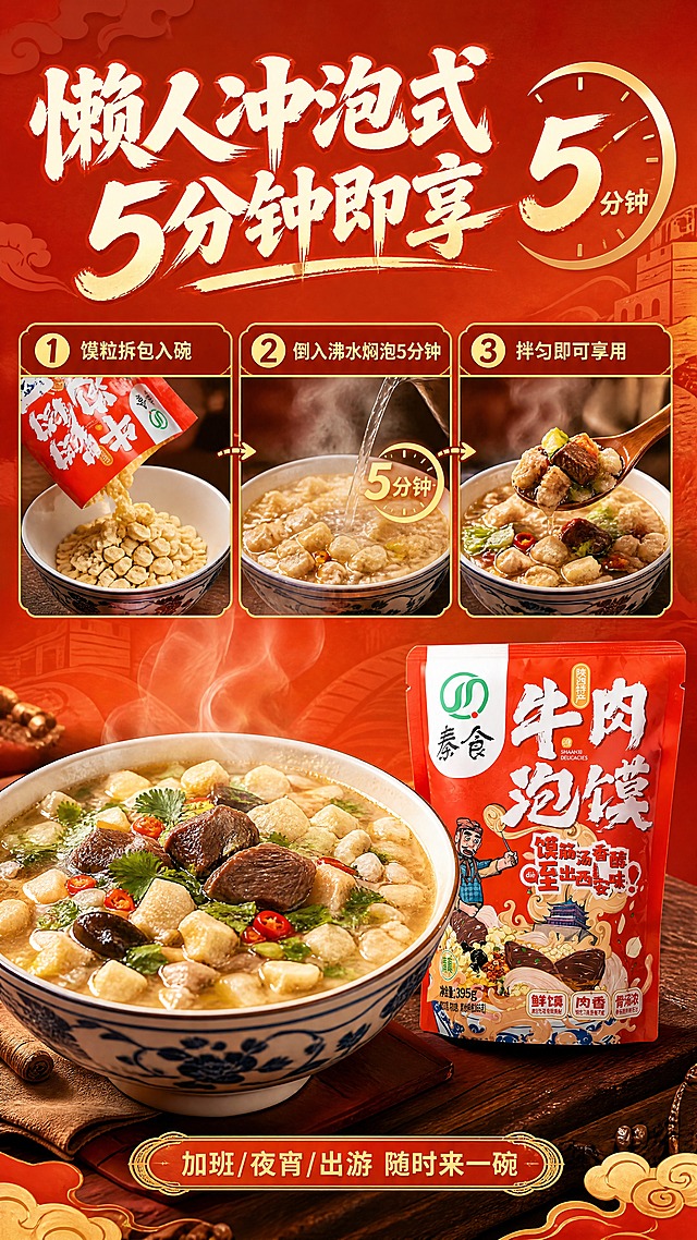 [商品] 使用【图2】秦食牛肉泡馍包装袋；保留包装原貌；画面展示冲泡过程，突出方便快捷。
[画面] 懒人冲泡吃法页，目标展示5分钟速食法。采用纵向3步+成品大图布局，上半部分3个冲泡步骤小图横向排列，下半部分一大碗热气腾腾的冲泡成品泡馍特写（占50%），旁边放产品包装袋。背景为暖橙红渐变，配时钟图标强调快速，营造便捷感。
[视觉] 套系策略：风格=国潮陕派市井风，暖红色调，食欲感商业摄影；标题字=国潮书法粗体，带毛笔笔锋；正文字=现代无衬线黑体；主色=中国红+暖橙红；背景延展=基于红橙渐变做深浅层级，融入国潮祥云、古城墙纹样与纸张肌理；强调色=金黄色，用于小面积标签、图标、引线和高光；标题色=米白色+金黄色描边；正文色=深棕红；组件=圆角红底金边信息卡、祥云纹样装饰、中式印章标签；光影=左前侧暖柔光，蒸汽逆光轮廓，突出食物油润光泽。
[文字] 顶部主标题"懒人冲泡式 5分钟即享"；3步说明：①"馍粒拆包入碗"；②"倒入沸水焖泡5分钟"；③"拌匀即可享用"；右侧配"5分钟"大数字时钟图标强调。底部小字"加班/夜宵/出游 随时来一碗"。全部文字横排。
[规格] 图片比例9:16竖版，4K，负向提示：避免成品失真、包装变形、时间表述错误、冷色调、极限词。