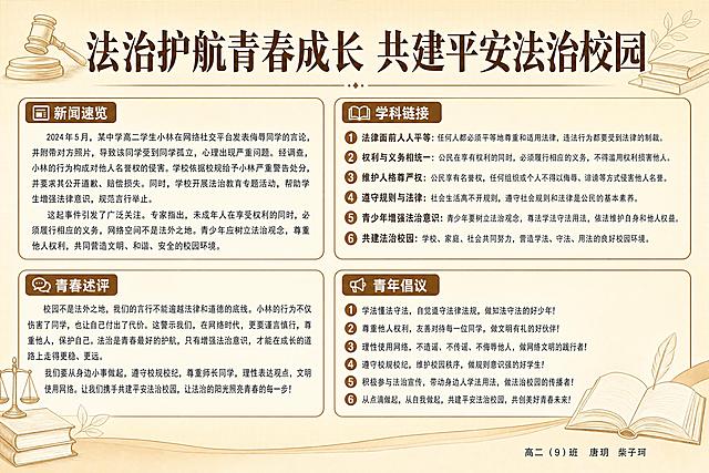 A3横版高中政治学科海报，完整保留并放置用户提供的全部文字内容，一字不修改不遗漏：主标题为"法治护航青春成长 共建平安法治校园"，完整包含新闻速览全文、学科链接6个知识点全文、青春述评全文、青年倡议全文，右下角角落用小号清晰标准字体标注"高二（9）班 唐玥 柴子珂"，所有文字清晰可辨，排版合理保证全部内容完整呈现。设计：简约高级风格，暖淡黄色低饱和渐变主背景，角落添加淡色法槌、书本线条装饰，背景带极浅网格暗纹丰富层次不花哨，用细棕线条合理分区，整体配色温暖高级，排版疏朗清晰，符合校园法治宣传要求。
