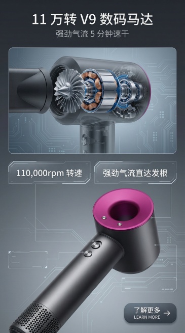 严格还原参考图中吹风机的包装设计、颜色、LOGO位置、文字内容、图案元素等所有细节，产品尺寸比例保持9:16竖版。画面采用上下分栏排版，上半部分为吹风机手柄内部V9数码马达的3D可视化结构，下半部分为预览效果