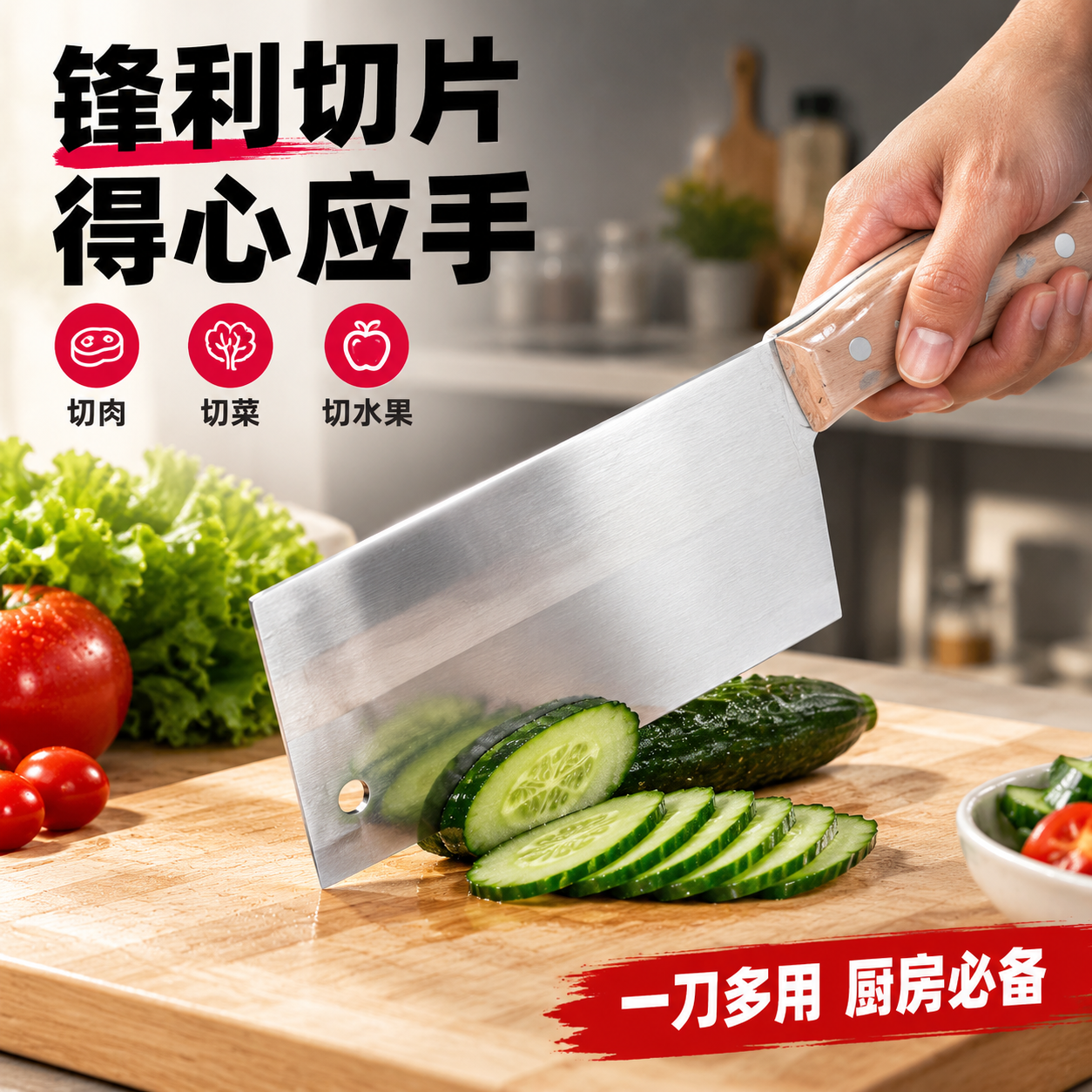 [主图-4 使用场景] 厨房真实使用场景 菜刀正在切新鲜蔬菜… - 图片创意预览