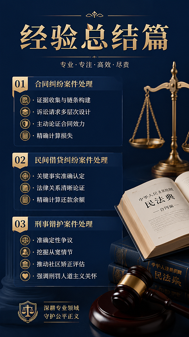 律师个人品牌宣传图，标题为「经验总结篇」，不得生成任何人物图像。包含法律相关元素，如天平、摊开的法典、法槌，整体风格专业清晰，藏青色商务背景。排版三大类案件经验总结：
1.合同纠纷案件处理：证据收集与链条构建，诉讼请求多层次设计，主动论证合同效力，精确计算损失
2.民间借贷纠纷案件处理：关键事实准确认定，法律关系清晰论证，精确计算还款余额
3.刑事辩护案件处理：准确定性争议，挖掘从宽情节，推动社区矫正评估，强调刑罚人道主义关怀
文字条理清晰，分点排版，专业学术风格，适合律师经验分享宣传，简洁专业