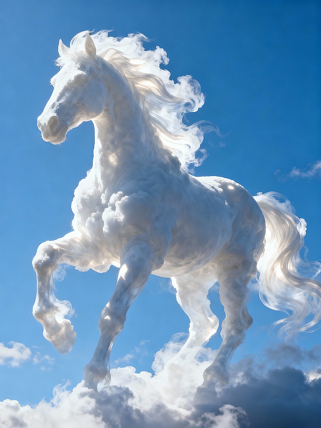 温柔的风把蓝天上的白云变成马的形状，纯白的，抽象，通过光影的明暗构筑成马的造型，渲染，虚幻，超现实。