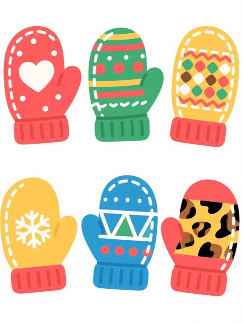 扁平化卡通风格的6个不同款式、不同类型、不同样式的手套，每款手套具有独特的装饰图案（如雪花、心形、条纹、波点、几何图形、动物纹样），色彩鲜艳明快，采用红、绿、黄、蓝等饱和色调，边缘有白色缝线细节，针织纹理清晰可见，手套整体圆润可爱，以整齐的两行三列排列在纯白色背景上，画面简洁干净，充满冬日温暖氛围，无任何文字、LOGO及二维码元素。预览效果