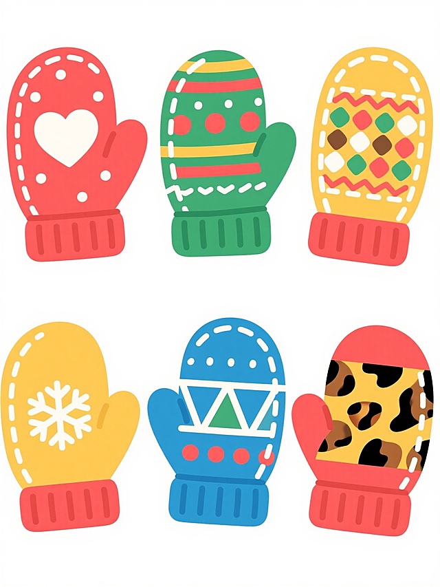 扁平化卡通风格的6个不同款式、不同类型、不同样式的手套，每款手套具有独特的装饰图案（如雪花、心形、条纹、波点、几何图形、动物纹样），色彩鲜艳明快，采用红、绿、黄、蓝等饱和色调，边缘有白色缝线细节，针织纹理清晰可见，手套整体圆润可爱，以整齐的两行三列排列在纯白色背景上，画面简洁干净，充满冬日温暖氛围，无任何文字、LOGO及二维码元素。
