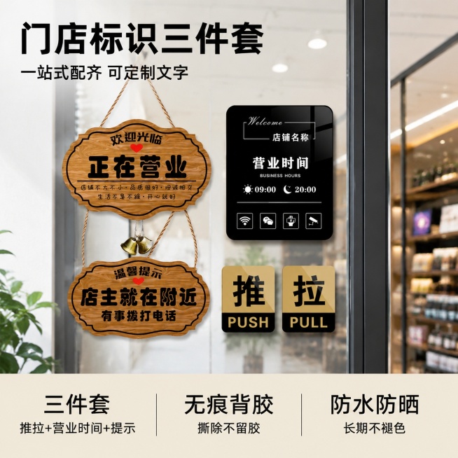 [主图-1] 门店标识三件套全套产品整体展示首图。[氛围风格] 拼多多直白高性价比风格，明亮干净门店场景，实用直观。[画质] 商业摄影质感，光线明亮通透，产品清晰真实，画面干净高级。[元素] 完整展示预览效果