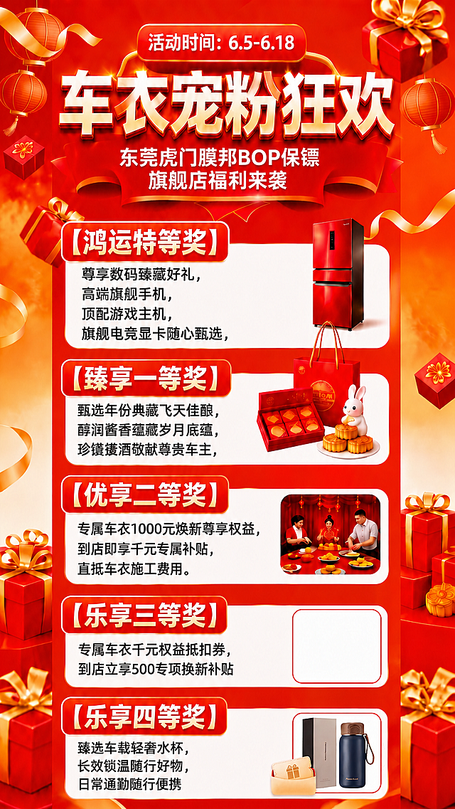 仔细调整此海报，将所有奖项的说明文字逐行调整，严格保证每一行不超过10个字，其余文字新开一行排版，同时把副标题"东莞虎门膜邦BOP保镖旗舰店福利来袭"也按一行不超过10个字重新换行排版。保持原海报整体风格、颜色、所有内容和布局结构完全不变，仅调整文字换行。