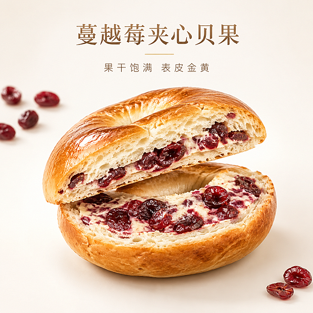 [单张主图] 蔓越莓夹心贝果电商主图，高级氛围感路线，以对半切开的贝果横截面特写为核心，突出果干夹心与金黄表皮的食欲感，柔光白底美食商业摄影风格。

[画面主体] 画面中央偏下位置放置一枚被水平对半切开的蔓越莓夹心贝果，切面朝向观众，占画面约55%。上半片微微抬起倾斜约15度，露出内部饱满的夹心结构；下半片平放承托，切面完整展示。贝果表皮呈诱人的金黄色泽，表面有自然烘烤的深浅纹理与微微的光泽，边缘略带焦香的深金棕色，表皮有细微的裂纹与气孔质感。切面内部组织松软有弹性，气孔均匀细密，呈奶白色到浅金黄色的渐变。夹心层厚实饱满，分布着大量深红色的蔓越莓果干，果干颗粒完整、表面有自然的糖霜光泽与湿润感，部分果干微微嵌进面包组织中，夹心整体呈深紫红色与奶白色交织的丰富层次。

[构图版式] 采用中轴诗意氛围型版式。贝果主体位于画面中下部，切面正对观众，上半片贝果微微悬浮抬起制造动态感。顶部居中留白放置主标题与副文案，左右两侧留出充足呼吸感。底部轻微投影承托，整体构图稳定而有层次。

[场景元素] 纯净的柔光白底背景，背景由中心向外有极淡的渐变，中心更亮、边缘微微偏暖米白，营造干净高级的影棚感。贝果下方有柔和自然的接触阴影，阴影边缘虚化过渡自然，不生硬。画面左上角散落3-4颗完整的蔓越莓果干作为点缀，右下角有1-2片细小的干蔓越莓切片装饰，增加画面丰富度但不抢主体。整体无多余杂物，极简干净。

[文案版式] 顶部居中主标题："蔓越莓夹心贝果"，字体为精致的细衬线宋体，字重中等偏轻，字间距宽松，颜色为深金棕色。主标题下方一行副文案："果干饱满 表皮金黄"，字体为更细的无衬线体，字号约为主标题的40%，颜色为浅棕灰色。主标题与副文案之间有一条极细的金色横线分隔。整体文字克制，不超过画面高度的20%，全部放在顶部留白区域，不遮挡贝果主体。

[光影质感] 柔和的顶侧光为主光源，光线从左上方45度角洒下，形成自然的明暗过渡。贝果表皮有温润的高光，突出烘烤后的油亮光泽；切面内部组织有细腻的明暗变化，体现松软蓬松的质感。蔓越莓果干表面有晶莹的高光点，模拟糖霜与果干本身的湿润光泽。整体光影柔和，反差适中，没有硬阴影，属于典型的美食商业摄影柔光效果。浅景深效果，贝果主体清晰锐利，背景与前景点缀物微微虚化。

[配色字体] 主色调：纯白、米白、金黄、深金棕。点缀色：蔓越莓深红、紫红。字体风格：主标题细衬线宋体，副文案细无衬线体，整体优雅克制，符合高级烘焙食品调性。

[比例分辨率] 1:1正方形比例，2K高清分辨率，文字清晰可辨，产品细节锐利。

[负向提示词] 禁止水印、禁止文字错误、禁止模糊失焦、禁止贝果变形、禁止夹心过少、禁止果干发黑干瘪、禁止背景杂乱、禁止出现人物、禁止出现餐具、禁止出现包装、禁止强烈阴影、禁止色彩过于饱和、禁止出现任何平台Logo或角标。
