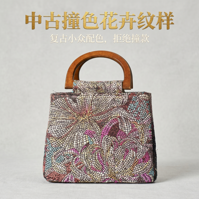 严格还原上传的织锦花卉手提包产品，包括织锦花卉图案、原木手柄、复古配色等所有细节，产品比例 1:1。整体为低饱和复古国风杂志风，产品以正面平铺方式置于画面中心，还原织锦花卉纹样的对称构图与莫兰迪撞色层预览效果