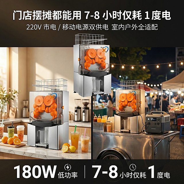 电商平台1:1竖版主图，杂志级双场景对比排版，8K超高清实景摄影质感，光影自然真实，整体高级商务风，和前三张首图风格完全统一。画面采用上下分栏加左右对比布局，顶部居中放置产品缩略图，严格还原产品图，包括包装设计、颜色、正确邢欧LOGO位置、文字内容、图案元素等所有细节，产品尺寸长40cm×宽34cm×高83cm，尺寸比例严格准确无变形。画面下半部分左右均分，左侧是奶茶店门店商用场景，产品放置在大理石吧台上，周围搭配鲜果、饮品杯，暖调自然光影；右侧是户外夜市摆摊场景，产品放置在移动餐车上，搭配移动电源，夜景暖光真实自然。画面顶部居中放置主标题，采用统一加粗无衬线黑体字体，白色字体搭配深色渐变条，字号层级清晰，主标题文字："门店摆摊都能用 7-8 小时仅耗 1 度电"；主标题下方放置副标题，采用同系列无衬线常规字体，白色配色，副标题文字："220V 市电 / 移动电源双供电 室内户外全适配"。画面底部用超大数字突出"180W 低功率 | 7-8 小时仅耗 1 度电"核心卖点，整体排版平衡对称，场景真实有代入感，风格统一无割裂感。禁止出现产品变形、场景失真、文字模糊、产品比例失调、颜色偏差、光影杂乱、场景元素过多、主体不突出、字体不统一、画面拥挤、画质模糊、噪点过多