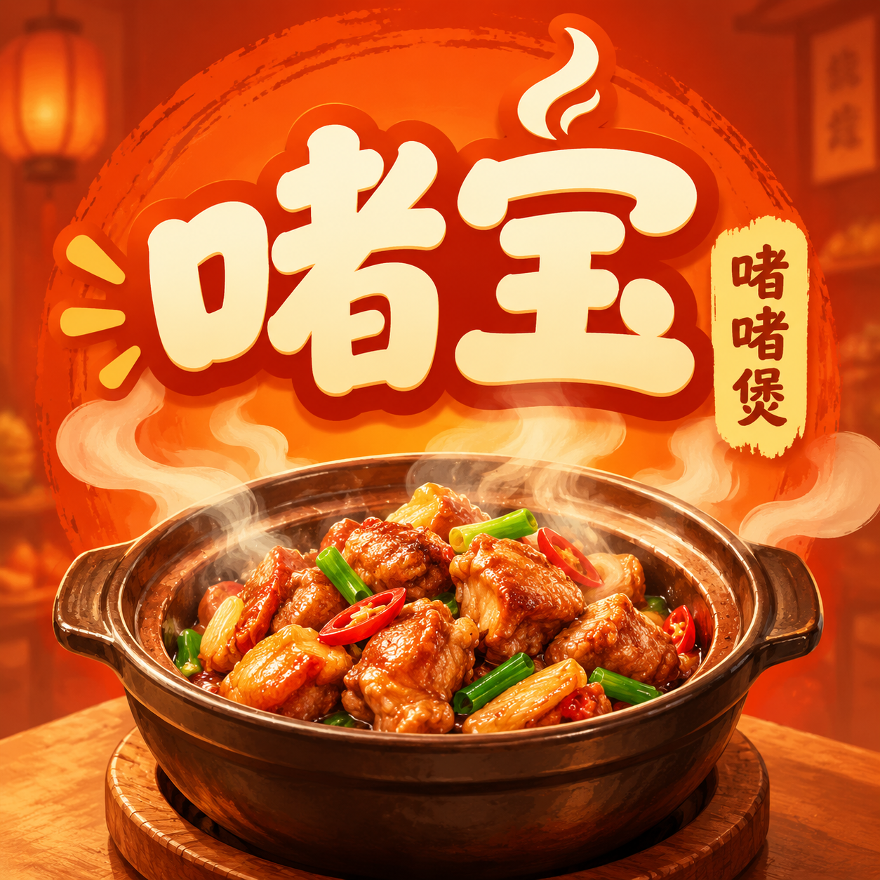啫宝啫啫煲餐厅logo头像设计，方形构图无圆形边框，暖色调橙红… - 图片创意预览