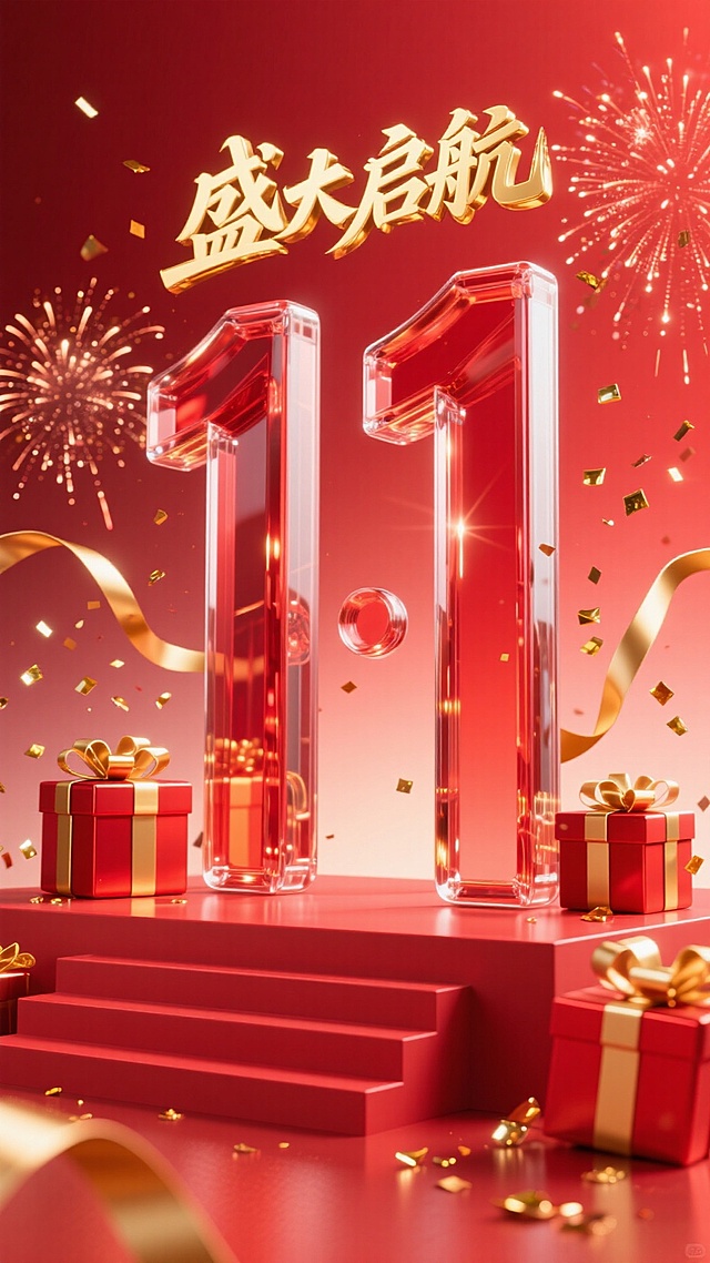 红色玻璃立体字 “11·11” ，上方搭配金色 “盛大启航” 艺术字。周围环绕红金礼盒、金色丝带、烟花、碎金片，背景为红色渐变，底部有红色阶梯展台，整体风格热烈喜庆。