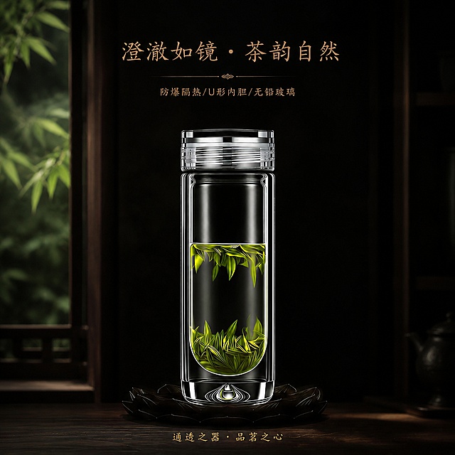 double-layer drop U-shaped borosilicate glass cup cup and lid keep unchanged font and layout keep unchanged, simple dark study background wooden desk near window blurred outdoor green bamboo, indoor dim keep dark style, top lighting maintain top level, minimalist setting, 8K commercial still life photography Sony A7R5 100mm macro F2.2 1:1 square Douyin main image, low saturation black gold tone professional retouch luxury texture, keep original text "澄澈如镜・茶韵自然" and "防爆隔热/U形内胆/无铅玻璃" and bottom "通透之器・品茗之心" layout unchanged, keep cup shape lid shape tea leaves and tea soup unchanged