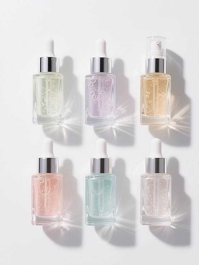 6个不同配色、不同样式的护肤品瓶身，每个瓶身具有独特的色彩搭配和设计细节，透明或半透明玻璃材质，带有精致的瓶盖和滴管或按压泵等配件，瓶内液体呈现不同颜色并带有细腻的气泡和光泽感，整体采用超写实摄影风格，光线从侧上方照射形成明亮的高光和柔和的阴影，背景为纯白色，6个瓶子整齐排列成一行或两行，构图对称平衡，画面清晰锐利，突出护肤品的高端质感和精致细节。