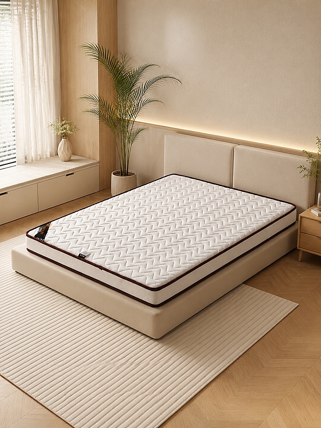 床垫，严格参照上传产品图https://gdesign-dam-hz.dancf.com/37097802204697620/6e442ae26bad4b3a9128d219b96275a7.jpg，完整保留所有可见组件、部件、轮廓形状、结构、比例、材质质感、颜色与上传图完全一致。
室内家居卧室一角，温馨奶咖暖色调，参考图风格为网红ins奶油风，还原参考图摆放方式与氛围。
侧窗自然光，光源方向为左侧斜入，产品受光面泛起奶咖暖色，暗部映射浅木色光晕，与环境物理融合。产品居中放置，微侧25度视角，中景构图。
全量换款清单：①床垫：主体产品严格保留上传图款式与所有细节；②床体：参考图浅米色齐边床架 → 生成图同色系浅卡其齐边软包床架；③床头柜：参考图左侧米白浅木床头柜 → 生成图右侧原木色简约床头柜；④地毯：参考图浅灰色竖纹地毯 → 生成图米白色条纹地毯；⑤绿植：参考图床头柜旁细枝绿叶 → 生成图旁高款散尾葵盆栽；⑥玩偶摆件：参考图左侧储物柜上暴力熊玩偶 → 生成图左侧储物柜上几何陶瓷花瓶；⑦墙面：参考图浅奶咖墙面 → 生成图浅米色亚麻纹理墙面；⑧地面：参考图浅木地板 → 生成图浅胡桃木人字拼地板；⑨窗帘：参考图左侧浅卡其窗帘 → 生成图左侧奶白色亚麻窗帘；⑩储物柜：参考图左侧矮储物柜 → 生成图左侧同款式米白色矮储物柜。
消除所有多余品牌文字，保留产品本体原有文字信息。严格锁定宽高比为 3:4。