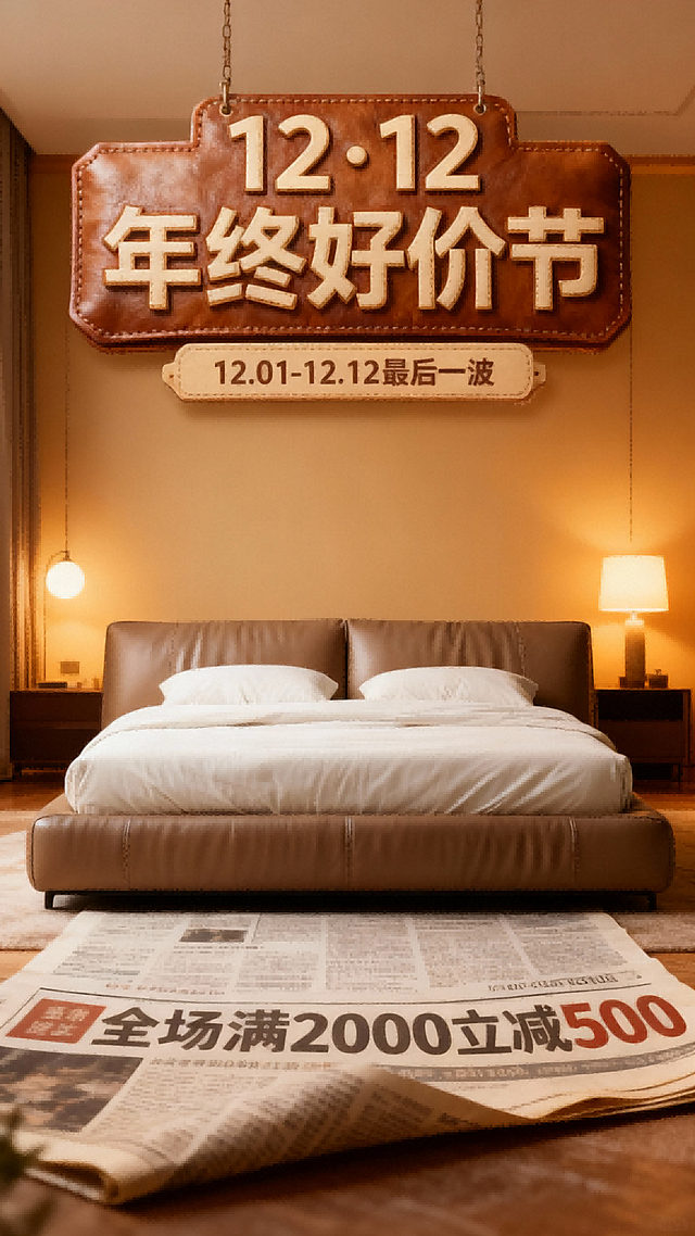 这是一张沙发床促销海报，顶部为皮质纹理字牌“12·12 年终好价节”，副标题标签展示“12.01-12.12 最后一波”，图中商品位于暖黄调灯光的温馨卧室中，超大尺寸纸质创意报纸被压在商品底部，报纸露出部分信息“全场满2000立减500”，正面视角。