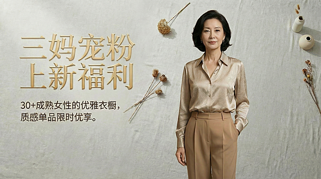 将横版封面的主体人物替换为竖版封面中的成熟美女主体，保持整体高级风格、文字排版不变，左侧标题仍为"三妈宠粉上新福利"，字体新青年体花字