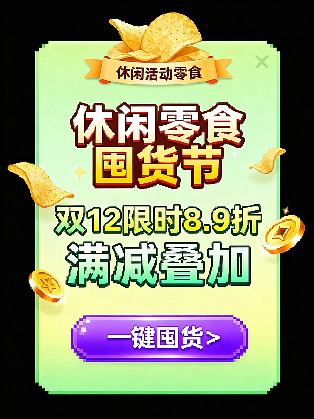 扁平风与像素风结合，描边大字突出促销信息，卡通薯片与金币点缀，营造喜庆氛围，双12限时优惠，满减叠加，强化促销感。