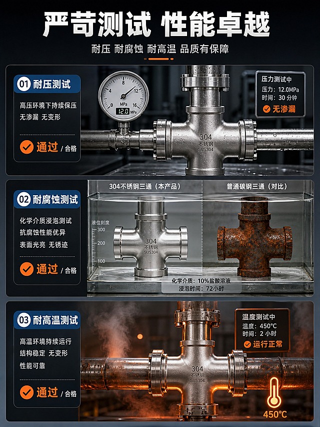 [详情页-5] 性能测试，耐压耐腐蚀耐高温测试对比展示。
[商品] 304不锈钢焊接三通，在测试场景中展示性能。
[画面] 页面目标：通过测试场景证明产品性能可靠。测试对比型，深灰色工业背景。画面分为三个测试区域，纵向排列：上部-耐压测试（三通连接在压力管道测试系统中，压力表显示数值，体现高压环境下不渗漏）；中部-耐腐蚀测试（三通浸泡在化学液体中，表面依然光亮无锈迹，旁边有普通碳钢管件已生锈的对比）；下部-耐高温测试（三通在高温管道环境中，周围有热气流效果，结构稳定）。每个测试区左侧有测试名称和结果说明。顶部有主标题。
[视觉] 套系策略：风格=专业工业风测试场景；标题字=粗黑体；正文字=简洁无衬线体；主色=深蓝灰；背景延展=深灰渐变+工业测试环境；强调色=橙色，用于测试结果标签；标题色=白色；正文色=浅灰；组件=圆角测试结果卡、对比分割线；光影=工业测试场景光影，突出产品和测试效果。
[文字] 顶部主标题"严苛测试 性能卓越"，副标题"耐压 耐腐蚀 耐高温 品质有保障"，每个测试区有测试项目名称和结果说明，通过/合格标签用橙色，文字清晰。
[规格] 图片比例3:4竖版，2K，避免变形、错字、文字过小、测试效果虚假、夸张数据。