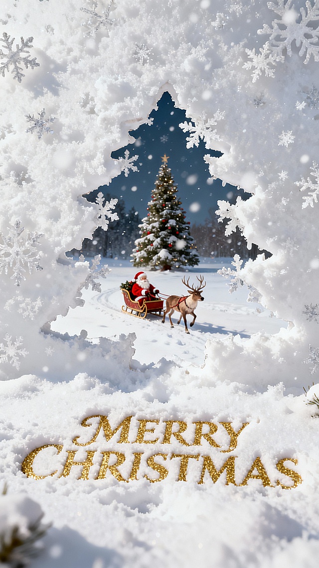 洁白大雪铺满整个画面，有一个清晰的镂空雪花，外围延伸为白色的大雪，透过雪花远处有圣诞树和穿着红色衣服和麋鹿拉着雪橇圣诞老人坐在上面由镜头进入雪花，有埋在雪里的金色艺术字体：“MERRY CHRISTMAS”点缀，清新唯美画面，神秘梦幻。