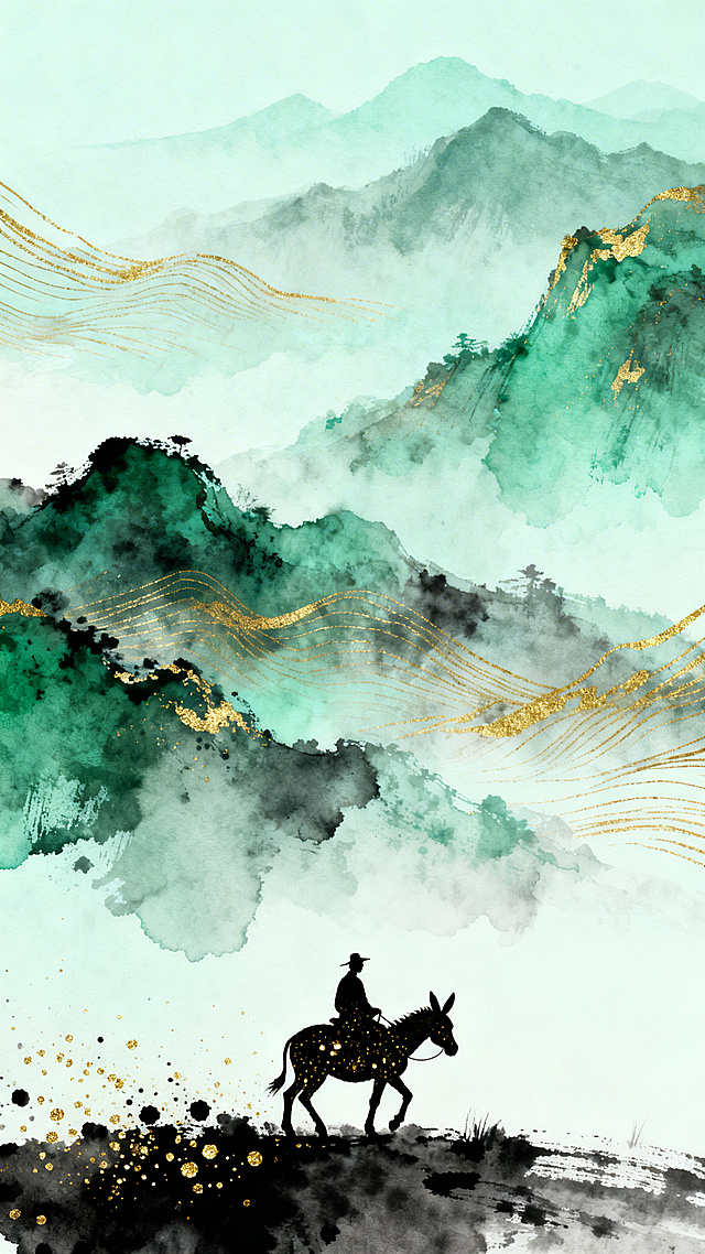 竖版清明节海报，新中式水彩插画风格，新中式水墨风、抽象意境画、禅意东方美学，包含青绿山水元素，用金色线条点缀，画面下方有骑驴人物剪影，带有洒金墨点，色彩为渐变墨绿色、浅青色调搭配鎏金线条，采用低饱和度配色，竖版长幅构图，分层山水布局，人物位于下方作为视觉焦点，留有大量留白，整体氛围悠远静谧，充满文人雅趣、自然禅意与空灵意境