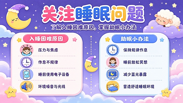 将这张睡眠科普海报改为卡通活泼画风，整体风格可爱童趣，色彩明亮活泼。保留原有版式结构：顶部主标题和副标题，左右两个板块（入睡困难原因、助眠小办法），中间月亮分割元素。将配色改为明亮的浅紫、粉蓝、暖黄等活泼色彩，背景加入可爱的卡通星星、云朵、月亮、小绵羊等睡眠相关卡通元素。图标改为圆润可爱的卡通风格，文字使用圆润活泼的卡通字体。两个信息卡片改为圆角更大、带轻微阴影的可爱卡片样式。整体氛围轻松愉快，适合年轻群体和亲子科普。保持所有文字内容不变：主标题"关注睡眠问题"，副标题"了解入睡困难原因，掌握助眠小办法"，入睡困难原因4条（压力与焦虑、作息不规律、睡前使用电子设备、环境噪音与光线），助眠小办法4条（保持规律作息、睡前放松冥想、减少蓝光暴露、营造舒适睡眠环境）。画面中不得出现二维码和底部装饰字。