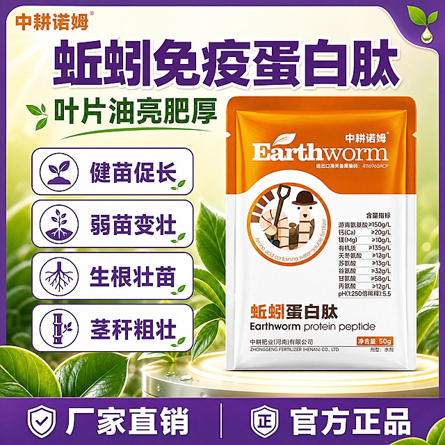 [单张主图] 蚯蚓免疫蛋白肽 农用叶面肥 爆款促销感主图，目标是3秒内传达产品名称、核心功效与官方正品保障，提升点击与转化。

[画面主体] 画面中心偏右放置一袋蚯蚓蛋白肽水剂产品，产品外观、颜色、结构、Logo、文字排版与输入产品图完全一致：上半部分为橙色包装，印有白色"Earthworm"英文和"中耕诺姆"品牌名，中间有戴帽子的卡通蚯蚓圆形图标，下半部分为白色包装，印有棕色"蚯蚓蛋白肽"中文大字和英文小字，右下角有橙色"净含量50g"标签。产品正面完整展示，不裁切、不变形，占画面约50%-55%。

[构图版式] 采用「顶部大标题型」爆款版式，三段式结构：顶部约28%区域放主标题和副标题，中部约50%区域放产品主体和卖点图标，底部约22%区域放通栏信息条。画面四周有茄子紫色（深紫偏茄色，#6B3FA0）粗边框包裹，边框宽度适中，形成完整的主图视觉边界。

[场景元素] 背景使用渐变底色，上方为浅米白到淡绿色渐变，象征农业、植物、健康生长；产品下方有柔和的圆形光晕和淡绿色叶片装饰元素，几片油亮肥厚的绿色叶片点缀在产品周围，呼应"叶片油亮肥厚"的卖点，叶片自然舒展、颜色翠绿有光泽。左上角放置"中耕诺姆"品牌Logo，与产品包装上的字体颜色一致。

[文案版式] 所有文字清晰可读，不遮挡产品主体关键信息。
- 顶部居中大标题（最大号粗黑体，白色描深紫边或深紫色字）："蚯蚓免疫蛋白肽"
- 大标题下方副标题（中号字体，深绿色）："叶片油亮肥厚"
- 产品左侧或下方排列4个卖点小标题（每个配一个简约线稿图标，圆角矩形标签，茄子紫色边框白底）：
  1. 健苗促长
  2. 弱苗变壮
  3. 生根壮苗
  4. 茎秆粗壮
- 底部通栏（茄子紫色背景，白色粗体字，左右分布）：左侧"厂家直销"，右侧"官方正品"
- 边框四角可点缀小型农业相关装饰元素，如小叶子、水滴图标。

[光影质感] 商业产品摄影质感，主光从左上方打来，产品正面光照均匀，包装材质有真实的塑料/铝箔袋质感，边缘有轻微高光，底部有柔和投影，整体干净明亮。叶片有自然光泽，体现油亮肥厚的效果。

[配色字体] 主色：茄子紫色（#6B3FA0）；辅助色：翠绿、橙黄（呼应产品包装橙色）；背景色：浅米白渐变淡绿。字体全部使用无衬线粗黑体，主标题最粗最大，副标题次之，卖点文字中等，底部通栏文字醒目。文字层级清晰：主标题 > 底部通栏 > 副标题 > 卖点小标题。

[比例分辨率] 1:1正方形，2K分辨率，文字清晰锐利，产品细节完整。

[负向提示词] 产品变形、包装文字模糊或错字、Logo变形、颜色偏差、背景杂乱、水印、平台Logo、二维码、联系方式、绝对化用语（最/第一/顶级）、人物面部畸形、手指异常、悬浮感、边缘硬切、低清晰度、噪点过多。