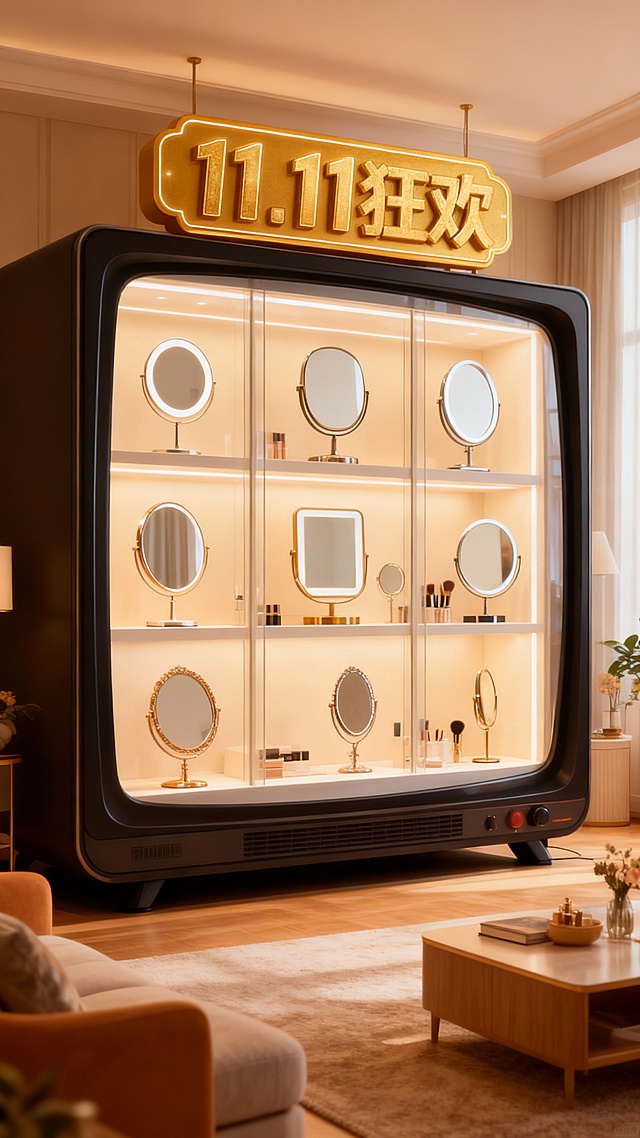 视觉中心为巨大化的电视，电视的内部设计成橱窗形式，展示着各种小型电器，电视上方挂着金色招牌“11.11狂欢”，背景是温馨的客厅。