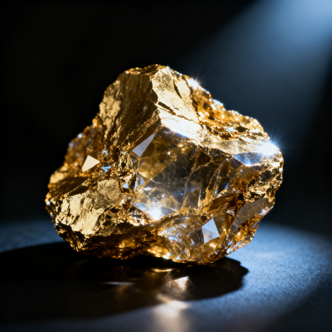 一块闪闪发光的天然黄金矿石，质地纯透有光泽，放置在简洁黑色背景中，高细节质感，光影效果突出预览效果