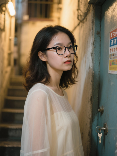 场景创意：旧居民楼楼梯间 · 傍晚归家前的片刻
镜头从斑驳的水泥台阶向上推移，墙皮剥落处露出砖红底色，铁质扶手锈迹斑斑。楼道窗户外，夕阳将对面楼的玻璃染成一片暖橘。声控灯忽明忽暗，在她踏上最后一级台阶预览效果