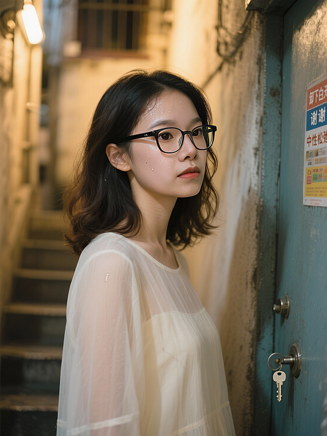 胶片风质感的都市夜巷，光影交错间透出东亚文艺气息，柔和朦胧的色调与清透衣料交织，营造出静谧而富有故事感的实景画面。