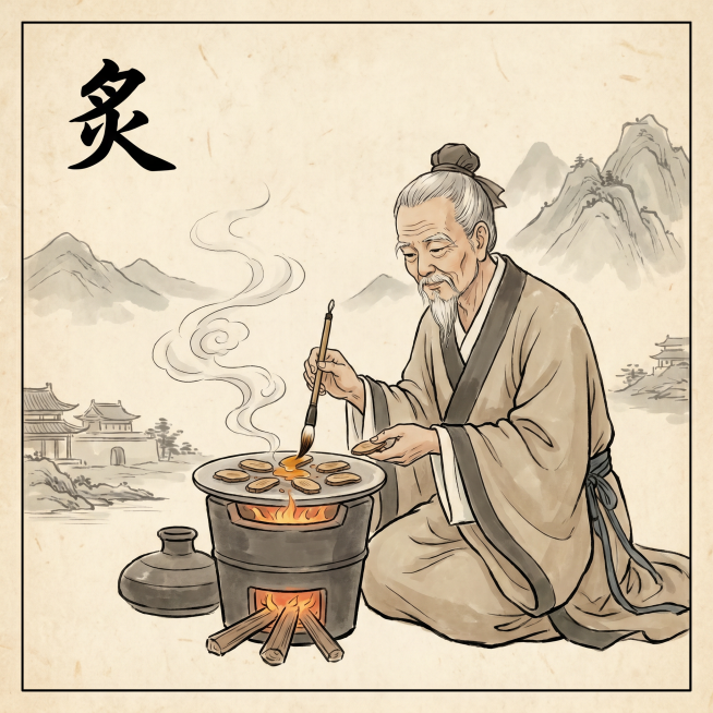 正方形插图，展示中药炮制方法炙，传统工艺，简洁国风背景，左上角标注文字"炙"预览效果