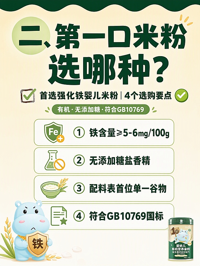 小红书笔记大字封面，插图大字，ins清新母婴科普风，版式精美，小红书笔记封面质感，适合信息流点击。主标题必须完整呈现且为画面视觉中心，逐字锁定：「二、第一口米粉选哪种？」。主标题字号占画面约50%视觉权重，清晰可读，不得增删改字。副标题：「首选强化铁婴儿米粉｜4个选购要点」。装饰短句/角标：「有机·无添加糖·符合GB10769」。背景：米黄色渐变底+顶部深绿色细波浪边，参考喜乐臣配色，温暖柔和不刺眼。标题排版：扁平粗黑体，深墨绿色主标题，序号「二」加浅绿色圆角色块高亮，采用插图大字L01策略。知识要点区：画面中部用4个白色圆角卡片纵向排列，带浅绿色细边框，分别写选购要点：①铁含量≥5-6mg/100g ②无添加糖盐香精 ③配料表首位单一谷物 ④符合GB10769国标，每条配一个小图标。插画元素：画面左下角放小型浅蓝色河马IP形象，尺寸约占画面1/10，抱着一个「铁」字小盾牌，表情认真；旁边有稻穗极简插画。产品软广：右下角放一个非常小的喜乐臣1阶米粉罐剪影，仅作品牌露出，尺寸极小不抢内容。装饰：emoji贴纸1个（✅）放在副标题旁；另加手绘勾选框装饰。整体氛围：科学选购、干货清晰、安心育儿。画质：高清细腻，信息层级清晰，强对比，文字安全。画面比例3:4，4K。