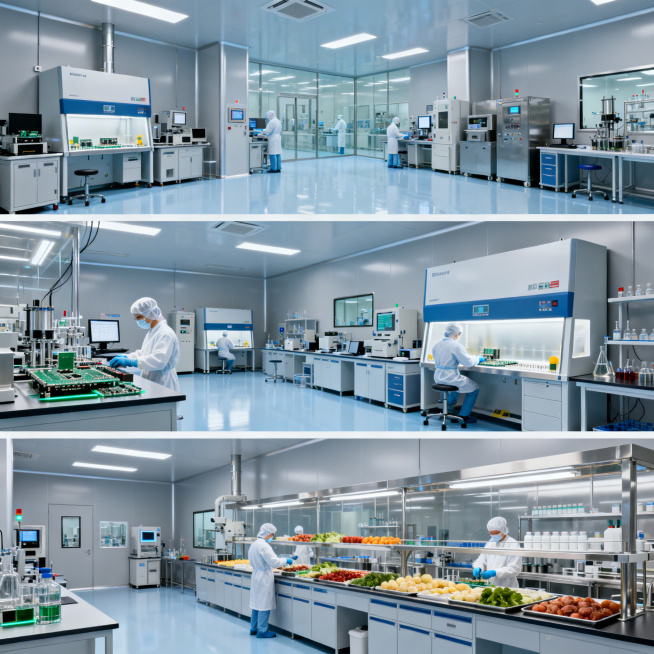 模块化洁净室场景应用图，工业科技风，冷蓝灰色调，展示洁净室在电子芯片生产车间、生物医药实验室、食品加工车间三个场景的实际使用效果，画面明亮整洁，体现洁净室的实用性和专业性，光影柔和，氛围专业，1:1比预览效果