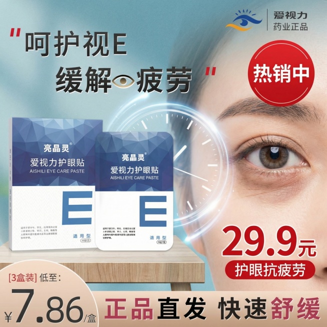 亮晶灵护眼贴电商主图，做时光倒流创意，左侧是使用护眼贴前眼睛布满细纹、眼神疲惫的状态，右侧是使用后眼睛紧致明亮、眼神清澈的状态，画面右上角添加红色醒目标签"热销中"，下方标注"29.9元"，突出护眼抗预览效果