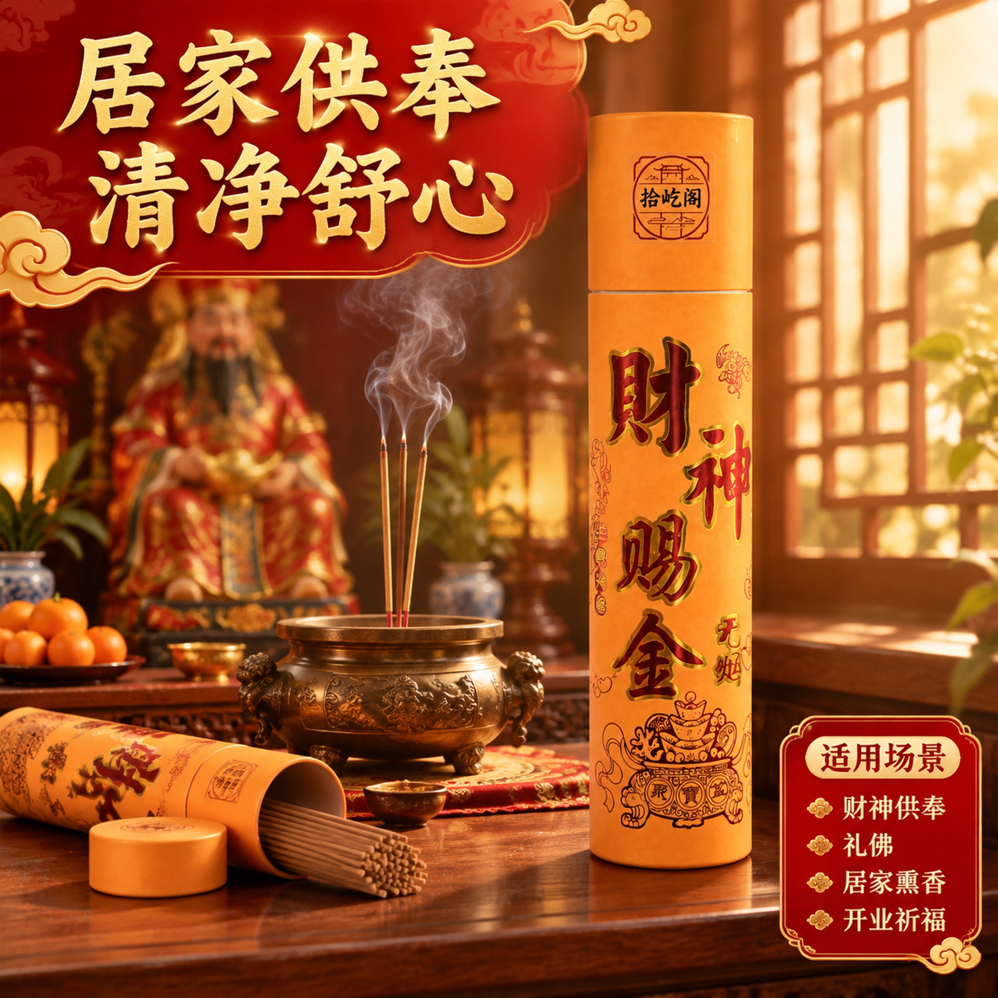 [主图4] 拾屹阁财神赐金无烟香圆筒装 场景使用 居家供奉场景… - 图片创意预览