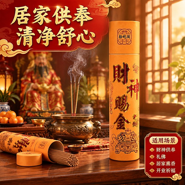[主图4] 拾屹阁财神赐金无烟香圆筒装 场景使用 居家供奉场景。
[统一基调] 拼多多中式喜庆国潮风，背景主色为朱红渐变+金色光晕，标题字色为烫金大字，辅助字色为米白，强调色为金色祥云纹，字体为粗宋+书法体结合，字号层级分明，卡片用金边红底圆角样式，整体大气喜庆、高点击感。
[画面] 真实中式家居供奉场景：中式实木供桌上摆放着财神像或观音像（模糊处理不突出），前方香炉中插着点燃的无烟香，只有淡淡青烟，旁边放着打开的拾屹阁圆筒香盒。背景是中式木格栅窗，暖黄色光线，氛围宁静祥和。左上角加标题"居家供奉 清净舒心"烫金小字，右下角加一个小信息卡：适用场景 财神供奉 礼佛 居家熏香 开业祈福。产品圆筒在画面右侧清晰可见，占比约30%。
[光影质感] 温馨暖光场景摄影，自然光从窗棂洒入，香炉青烟袅袅，整体氛围宁静祥和，产品自然融入场景。
[配色] 暖木色场景主调+金色标题+红色点缀+产品橘黄色，场景色自然真实。
[文字版式] 左上角标题小字，右下角圆角信息卡，文字不遮挡主体场景，保持画面沉浸感。
[输出要求] 1:1正方形，2048x2048，文字清晰无错字，场景自然真实，无水印无平台Logo，禁止迷信违禁词和绝对化用语，神像模糊处理不突出。