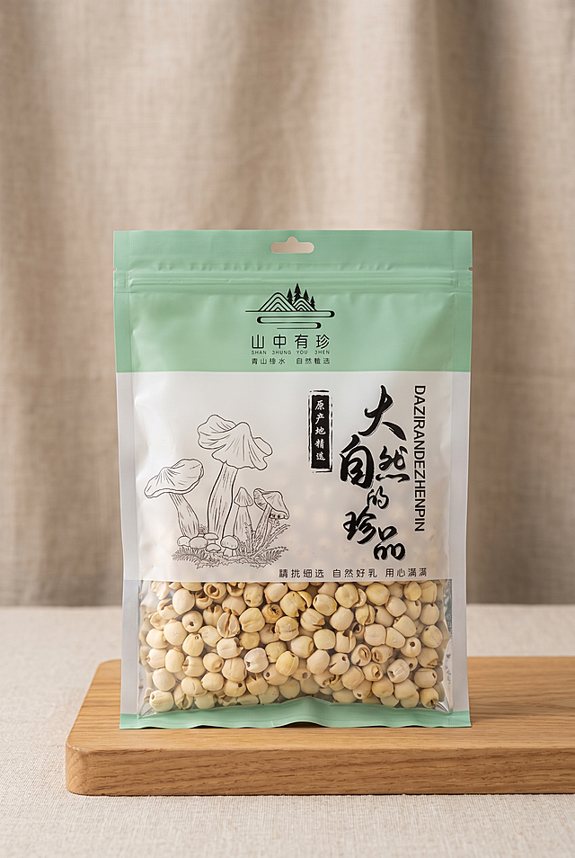 广昌莲子成品包装展示图，展示产品包装袋整体效果，突出品牌"山中有珍"设计，简约自然风格，摆拍场景干净高级，适合电商详情页，画面清晰