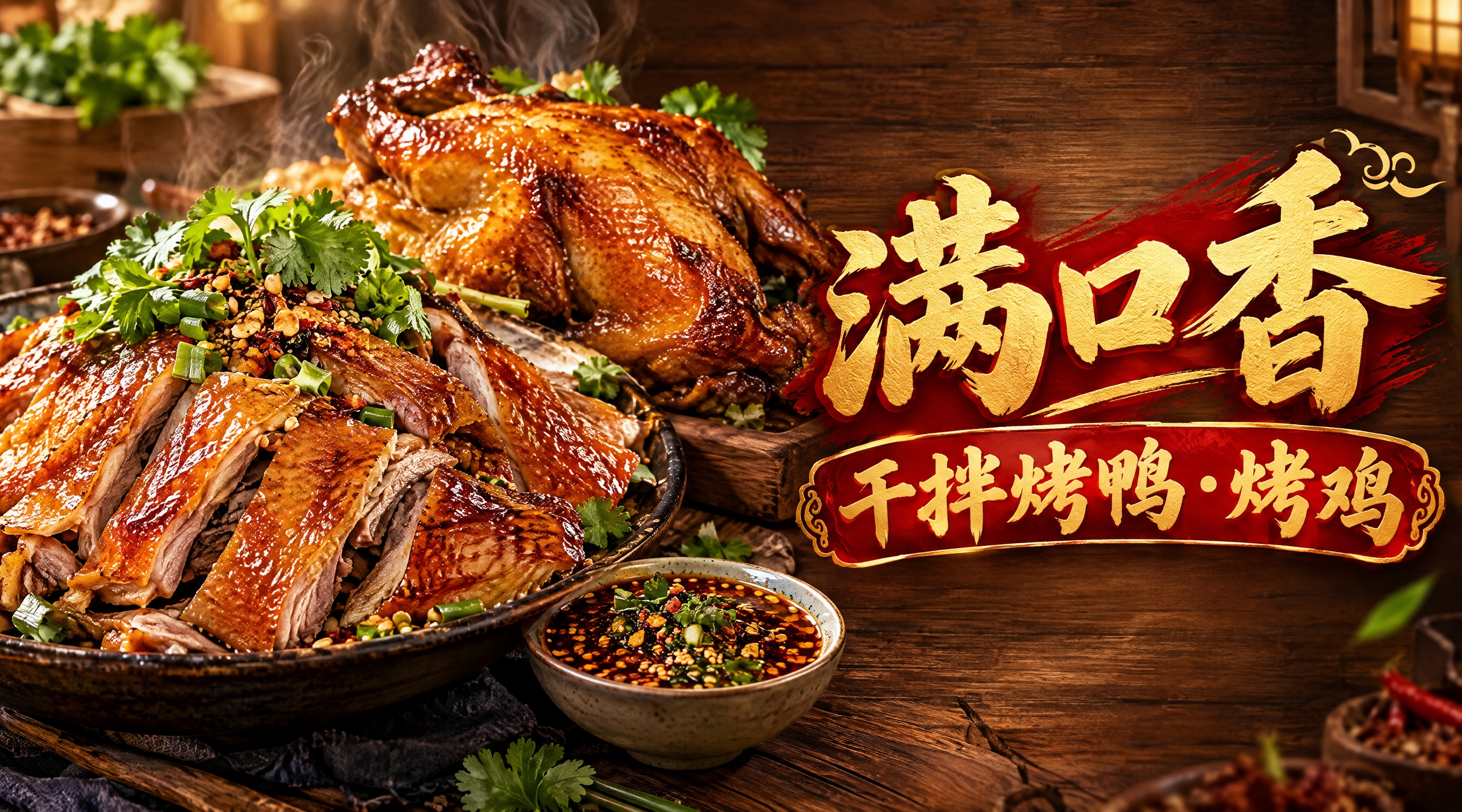 写实美食摄影风格的店铺店招横幅，横版构图，画面左侧是诱人的干拌… - 图片创意预览