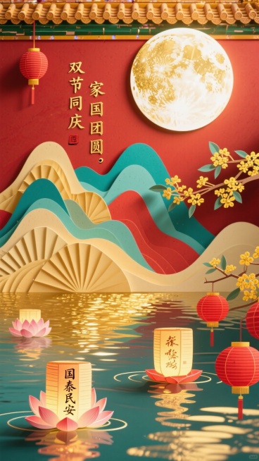 画面以故宫红墙为底，悬挂巨型烫金中秋圆月，下方是波光粼粼的金水河，河面上漂浮着载有“国泰民安”字样的荷花灯，角落点缀金黄桂花枝与红色灯笼，整体色调为宫墙红、鎏金、月白，文字用书法体书写“双节同庆，家国预览效果