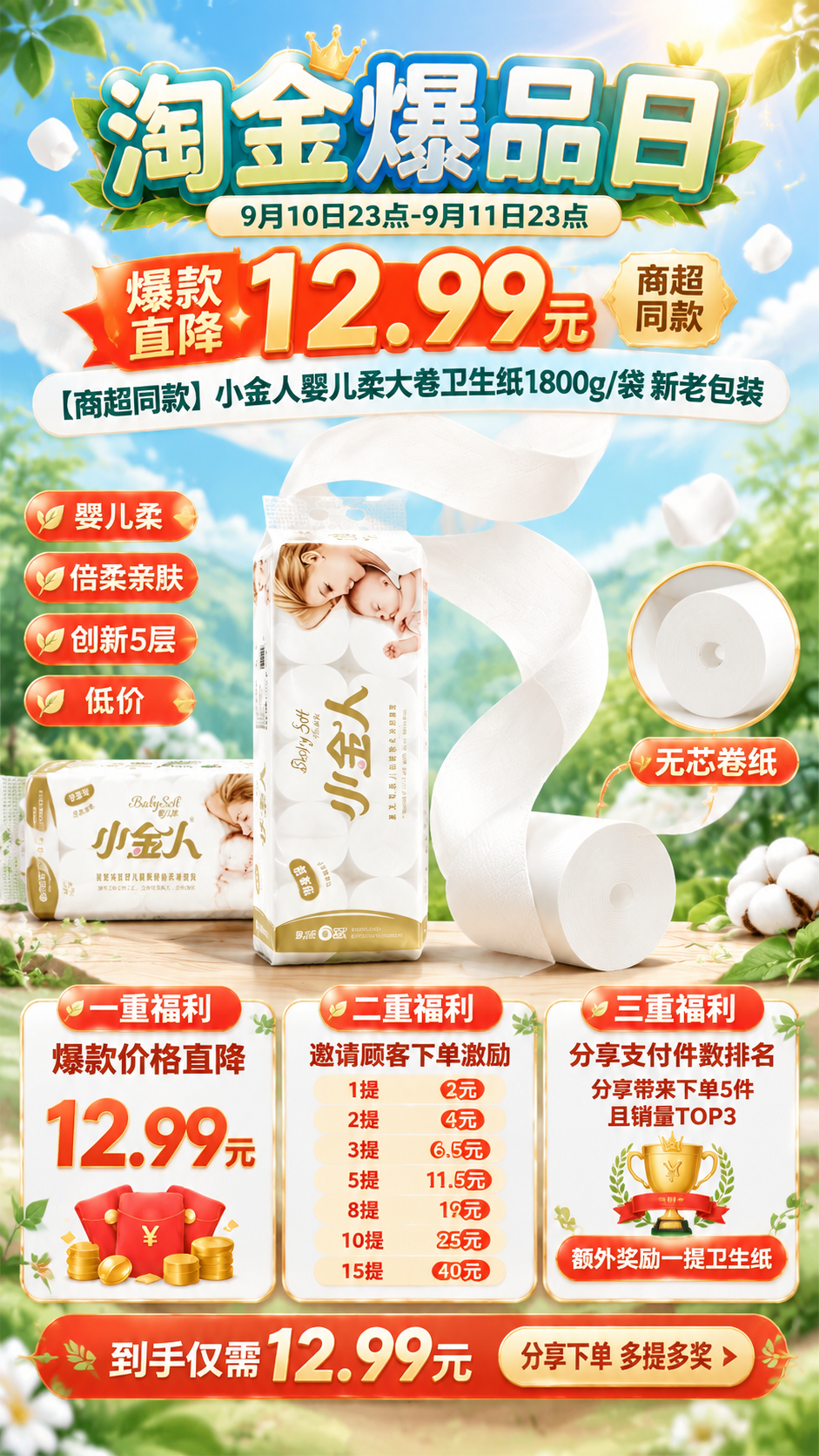 基于用户上传的小金人卫生纸商品图（图1整提竖版包装、图2多卷横… - 图片创意预览