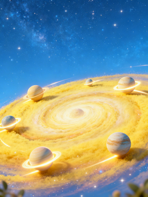 宇宙中一片星云团，画面上方是蓝色的星空，画面下方三分之二的位置是黄色椭圆渐变旋涡状的星云旋涡；旋涡里飞出6颗大的行星，均匀自然分布在黄色星云旋涡外侧，行星带有光线拖尾，行星自身发光；空出画面中间部分，预览效果
