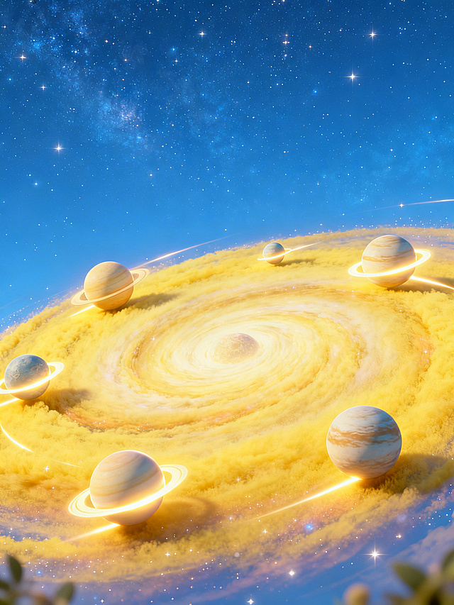 宇宙中一片星云团，画面上方是蓝色的星空，画面下方三分之二的位置是黄色椭圆渐变旋涡状的星云旋涡；旋涡里飞出6颗大的行星，均匀自然分布在黄色星云旋涡外侧，行星带有光线拖尾，行星自身发光；空出画面中间部分，可以看到完整的星云旋涡中心，行星整体完整呈现，画面充满童真风格，立体3D风格