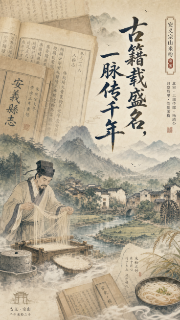 安义宗山米粉溯源主题H5页面，展示北宋初年工部侍郎杨靖公归隐故里创制米粉，背景是古旧县志古籍书页，古朴山林村落，文字小标题'古籍载盛名，一脉传千年'，国风典雅设计，历史文化感预览效果