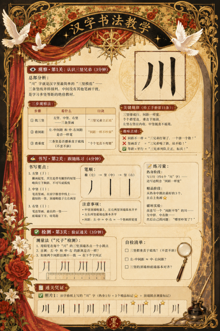 复古穆夏风格塔罗牌边框设计，参考示例画面构图，将内容替换为汉字书法教学内容，融入田字格书写练习"川"字的三竖笔画讲解、三步观察法、书写要点、通关检测内容，整体排版清晰，保留红色幕布、金色花纹装饰复古边预览效果