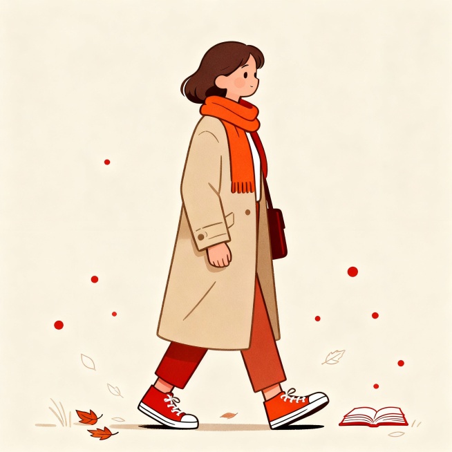 视觉调性
低饱和度暖色调插画（米色/浅棕/橙红为主）
扁平化线条人物（侧身/行走姿态，避免正面特写）
极简背景+小细节点缀（如散落的红点、落叶、书本轮廓）
内容适配
职场妈妈日常场景（通勤/读书/散步预览效果